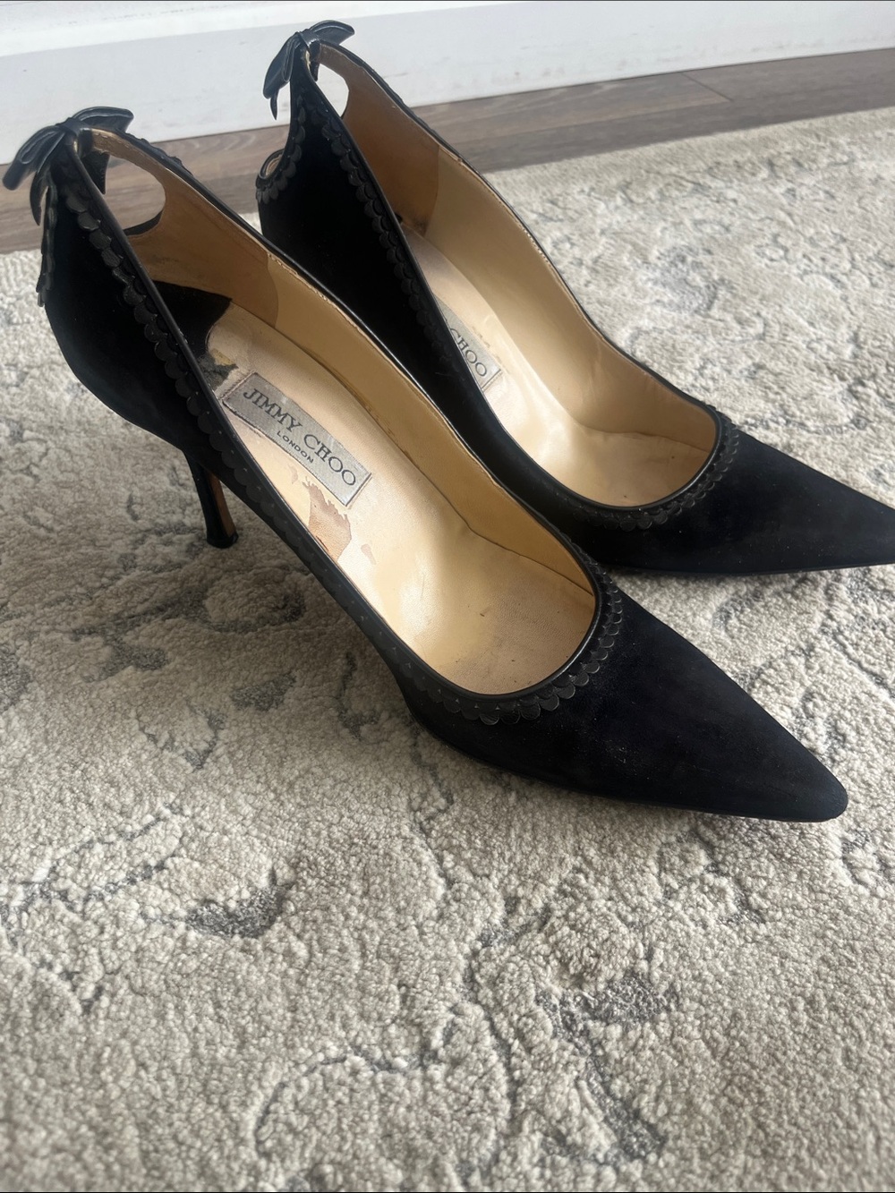 Jimmy Choo Black Suede Pointed Toe Stiletto Pumps with Bow Detail